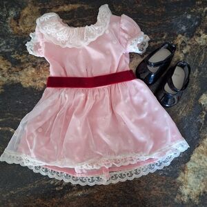 Charming Pink Lace Kids Costume Dress with Black Shoes